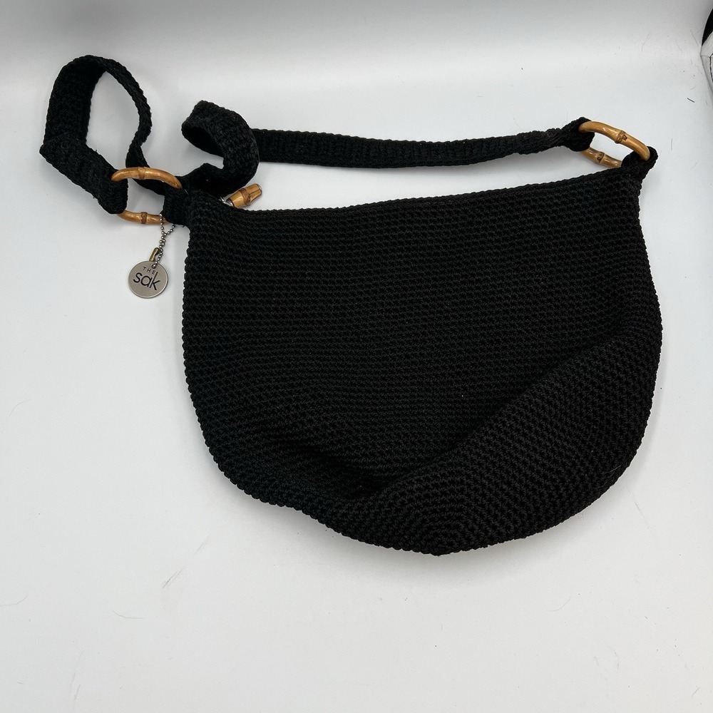 VTG Y2K The SAK Crochet Shoulder Bag Black Knit Handbag Purse Bamboo Hardware